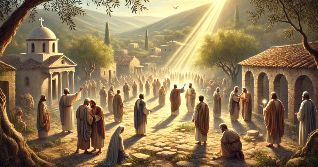 disciples performing miracles in an ancient village