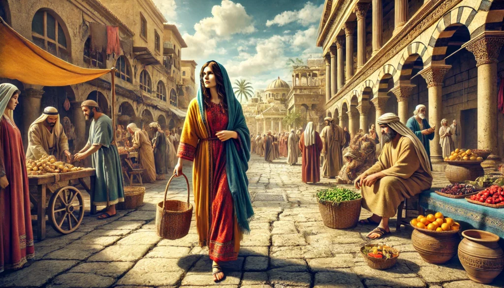 Maria Magdalena walking in the street